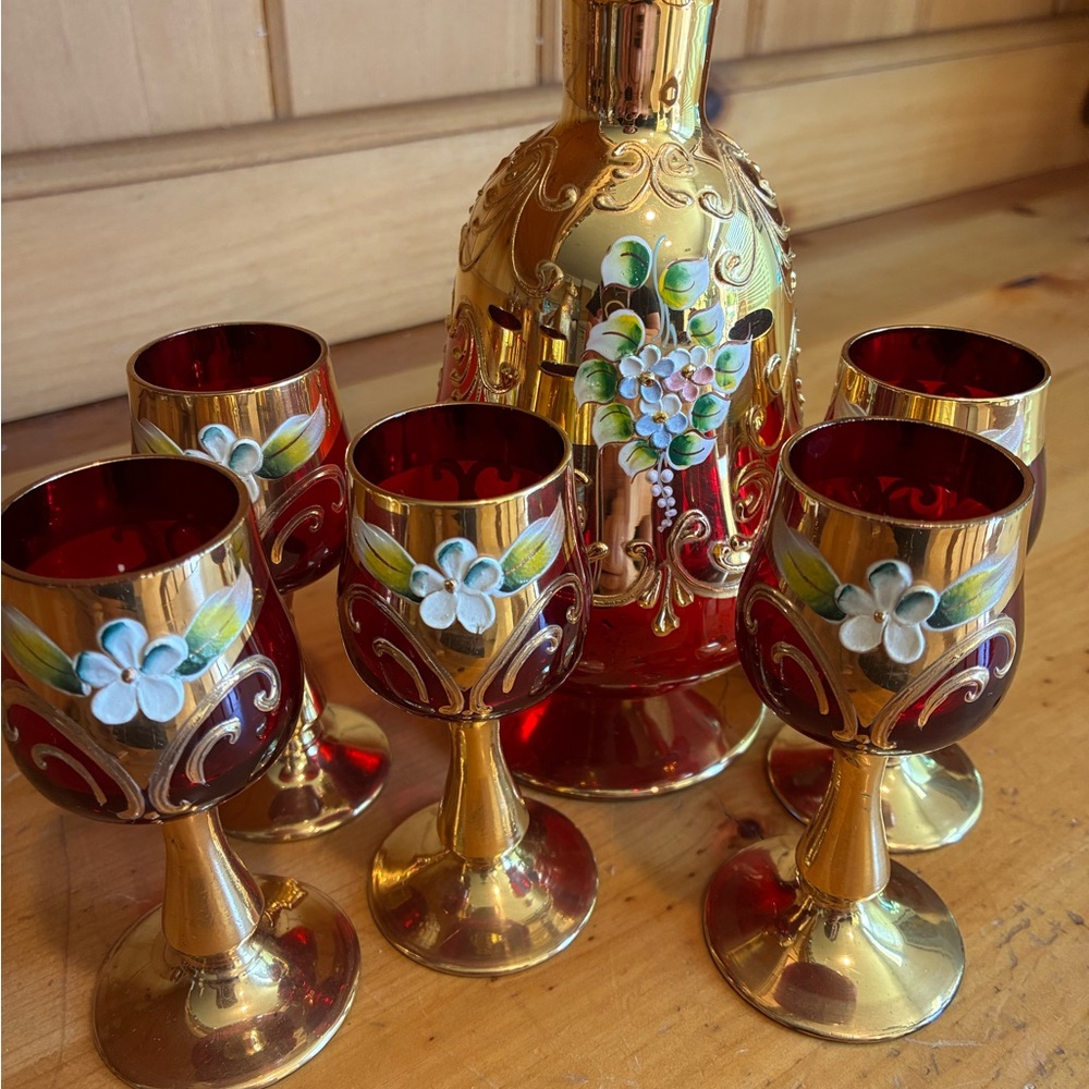 Vintage Ruby Red Murano Handblown Glass Decanter Set 24 Karat Gold - Picture 4 of 10